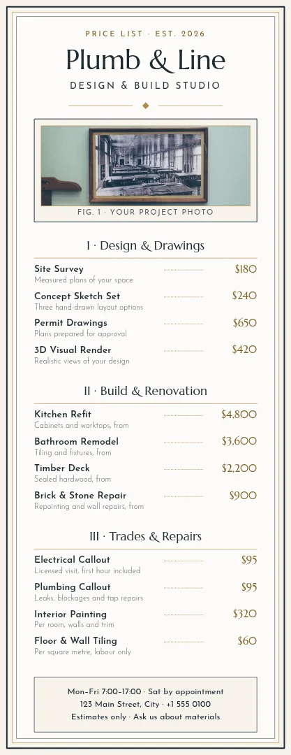 Plumb Line Gallery Price List – Menu template