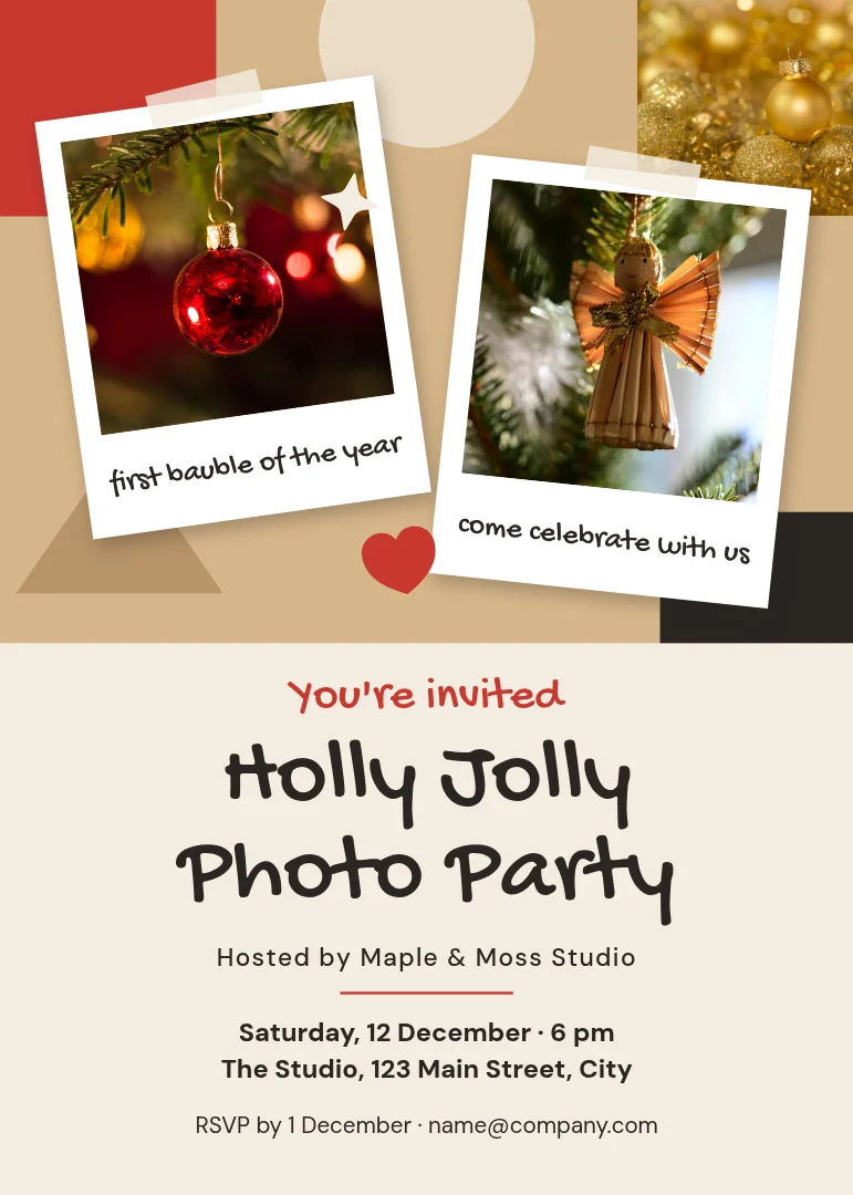 Cork Board Holiday Polaroids – Invitation template