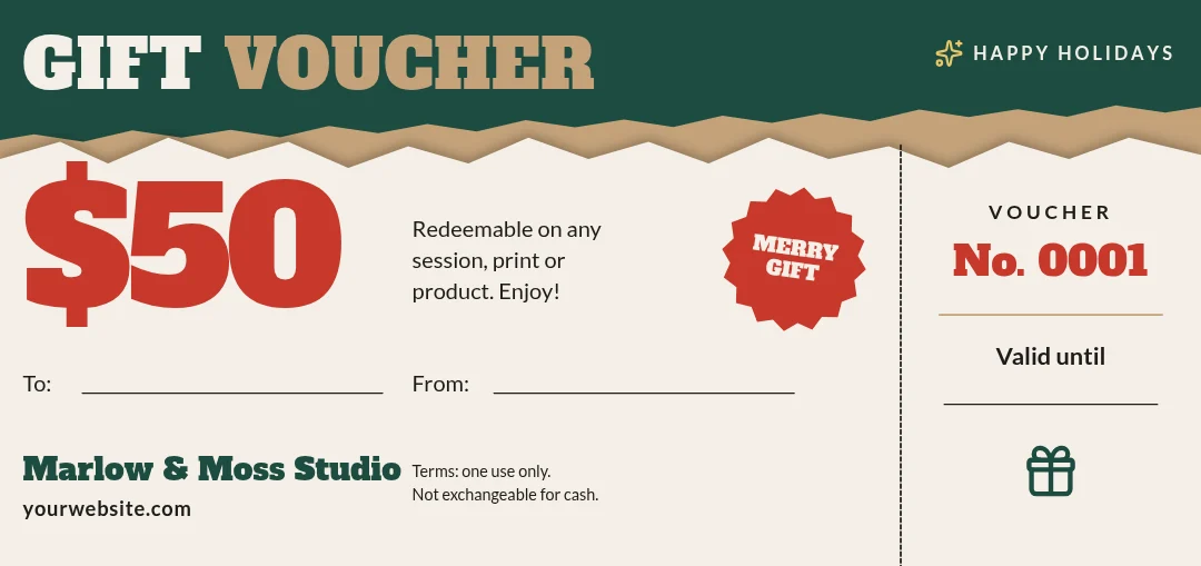 Torn Evergreen Holiday Voucher – Gift voucher template