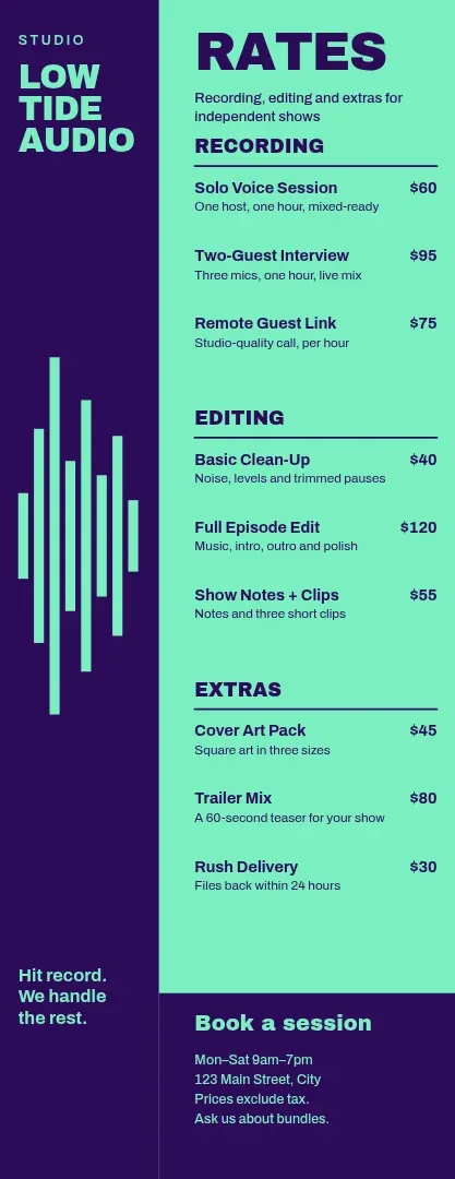 Low Tide Rate Card – Menu template