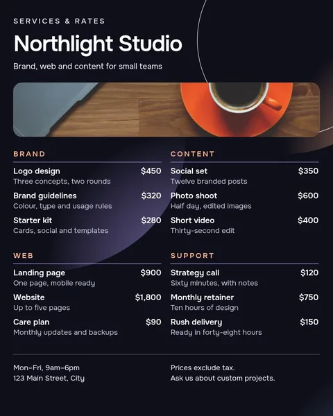 Aurora Studio Rate Card – Menu template