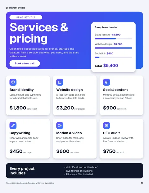 Indigo Card Grid Price List – Document template, 2 pages