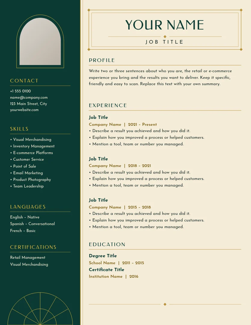Emerald Fan Deco Résumé – Résumé template, page 1