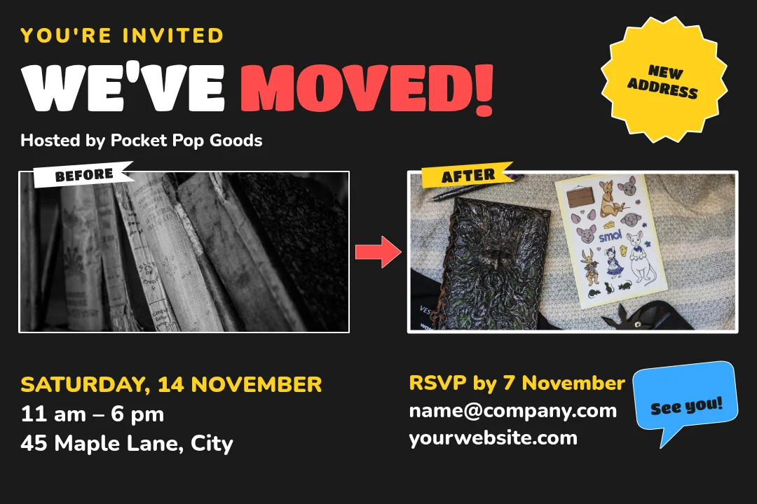 Sticker Shop Move Announcement – Invitation template