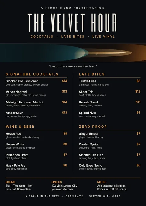 Velvet Hour Letterbox Menu – Menu template