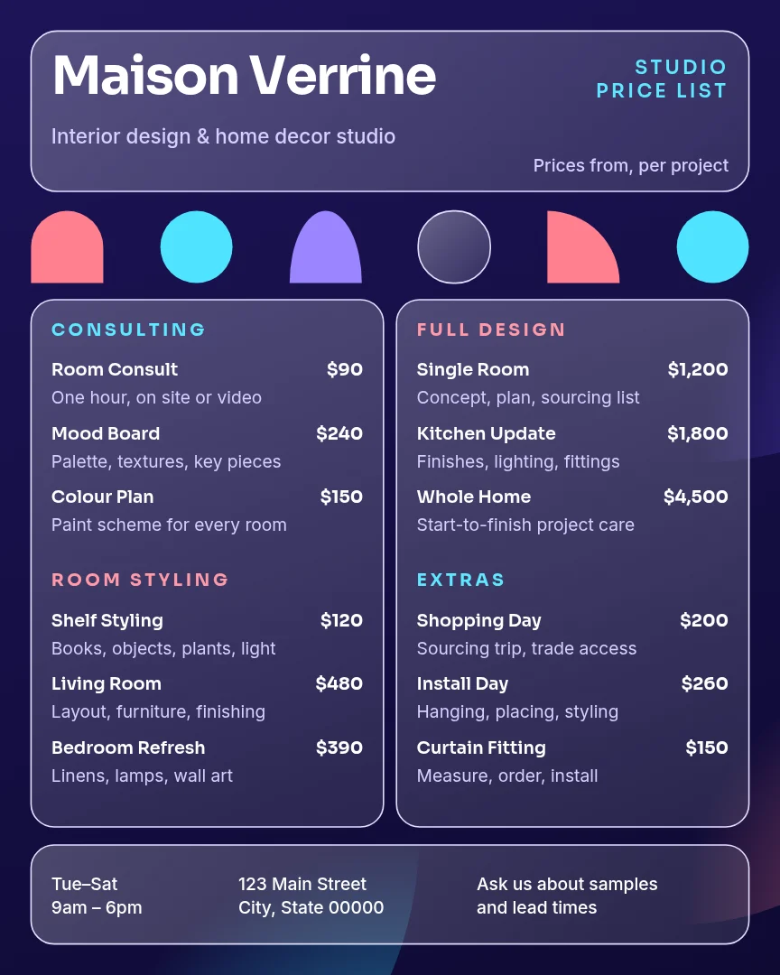 Frosted Atelier Price List – Menu template