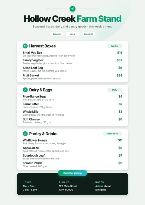 Emerald Card Farm Stand Menu – Menu template