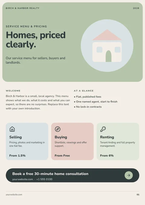 Birch Harbor Service Menu – Document template, 3 pages