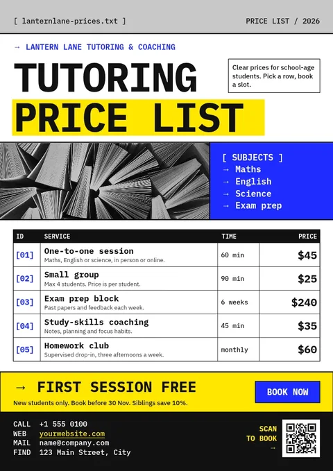 Raw Window Tutoring Price List – Flyer template