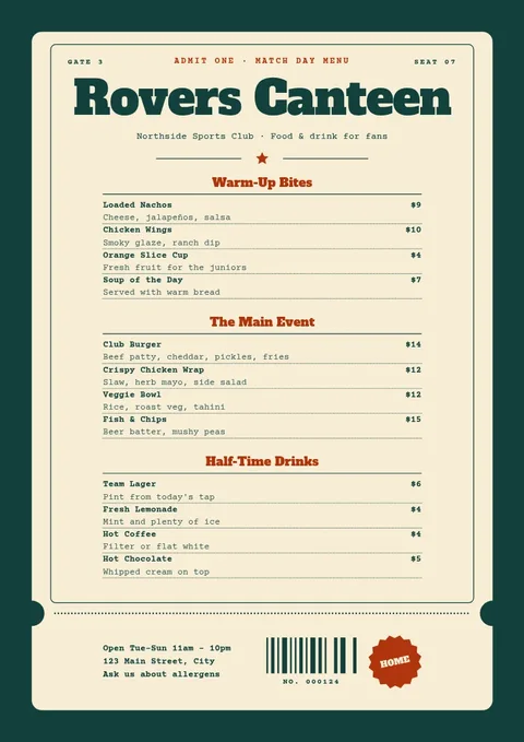Match Day Admit Ticket Menu – Menu template