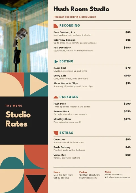 Quilt Tile Studio Rate Menu – Menu template