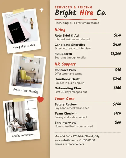 Cork Board Hiring Price List – Menu template